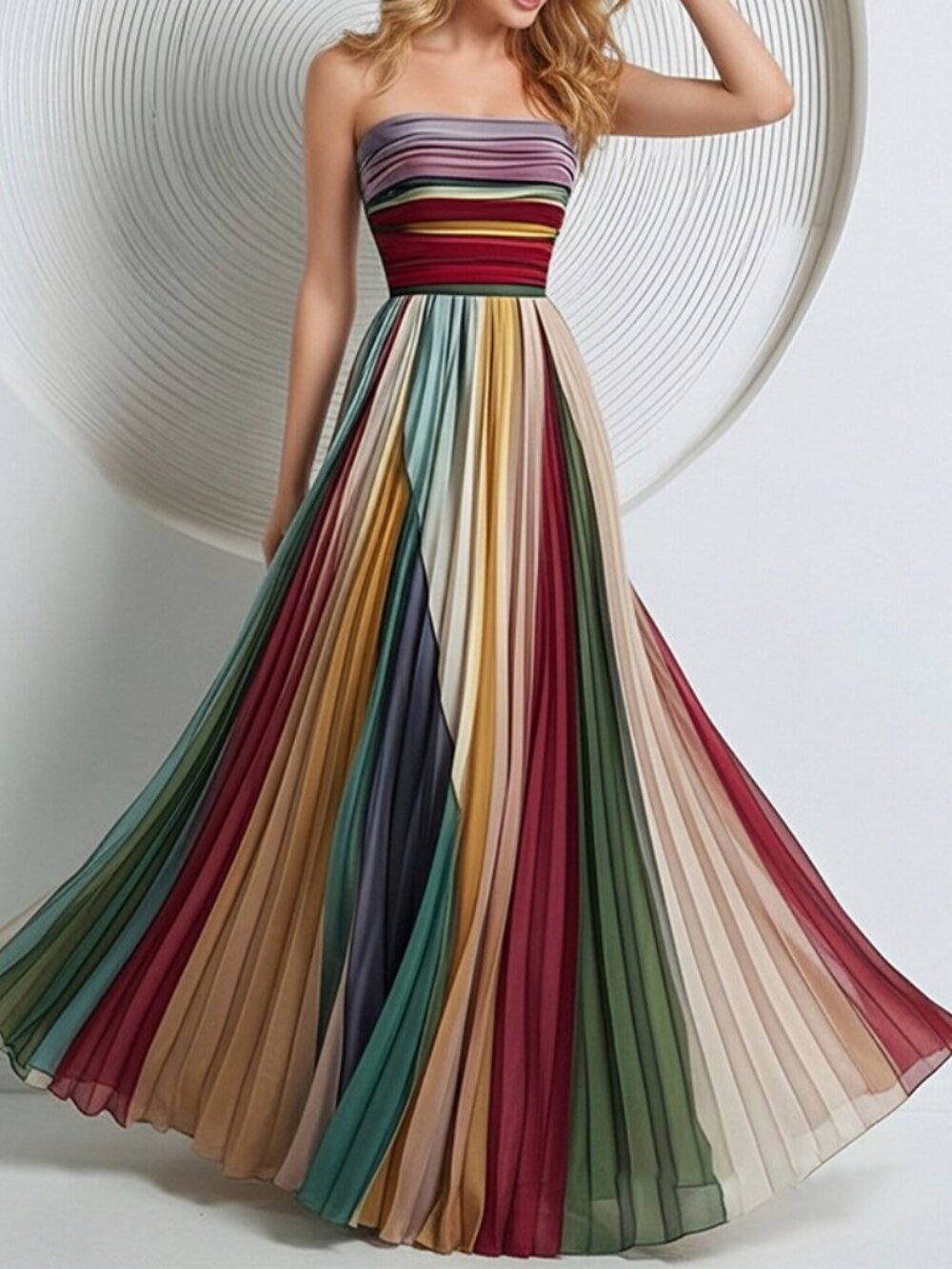 Strapless Colorful Rainbow Pleated Chiffon Maxi Formal Gown